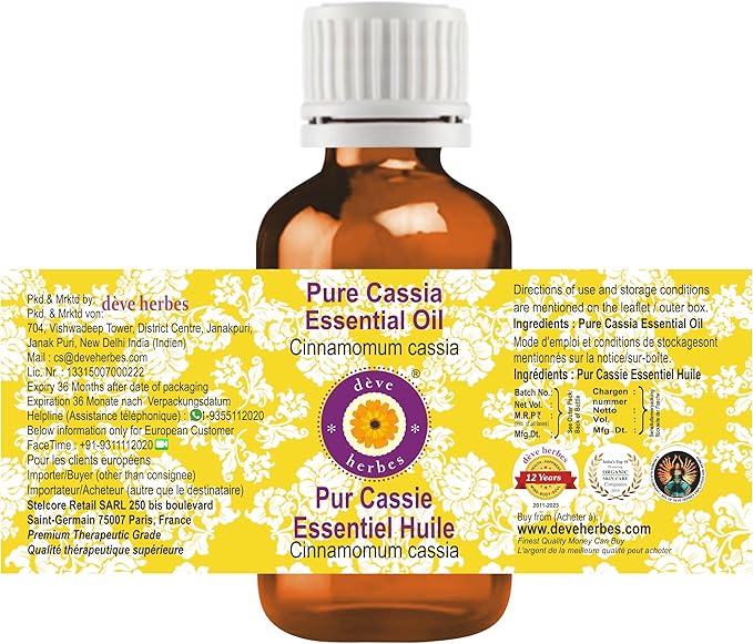 dève herbes Cassia Essential Oil (Cinnamomum Cassia) Pure | Non-Sticky | Non-Greasy | Lightweight | Men & Women | All Skin Types | Steam Distilled 30ml (1 oz)