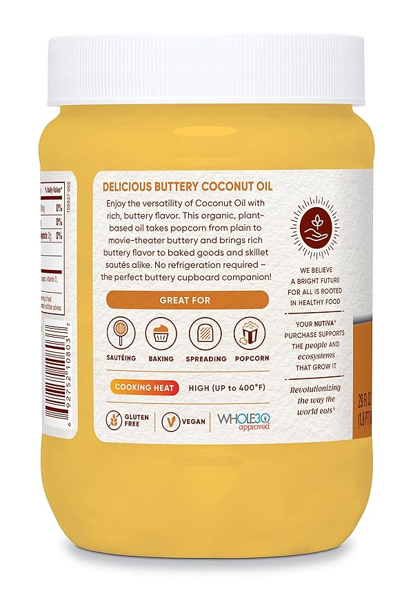 Nutiva Coconut Oil for Cooking and Baking - Butter Flavor Perfect for Making Movie Theater Popcorn, Baked Goods, Bread - Non-Dairy Alternative for Keto, Vegan, and Paleo Diets - 29floz