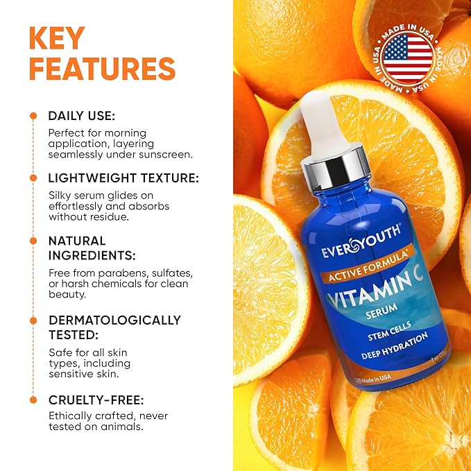 Vitamin C Serum for Face, Stem Cells, Niacinamide, Hyaluronic Acid & Vitamin E - Anti-Aging Retinol Facial Serum with Glycolic Acid & Retinal for Brightening, Hydrating & Firming Skin - Made in USA