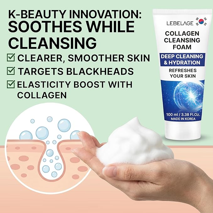 LEBELAGE Korean Collagen Facial Cleanser 3.38 oz | Cleansing Foam Face Wash | Low pH Gentle Hydrating Daily Facial Cleanser Sensitive Skin | Deep Cleansing Foaming Cleanser, Pore Care-All Skin Types