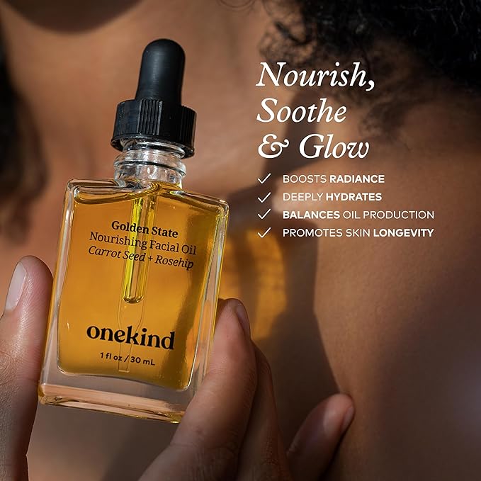 Onekind Golden State Anti Aging Botanical Face Oil with Rosehip Seed Oil, Sea Buckthorn Extract, Carrot Seed to Visibly Brighten, Firm, and Hydrate - Nourishing and Hydrating for Dry Skin
