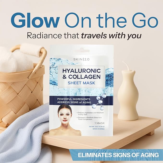 Skin 2.0 Hyaluronic Acid & Collagen Sheet Mask - Hydrating, Anti-Aging, Firming - Dermatologist Tested Korean Skincare - Clean Beauty, Natural Ingredients, Cruelty-Free, All Skin Types - Pack of 5