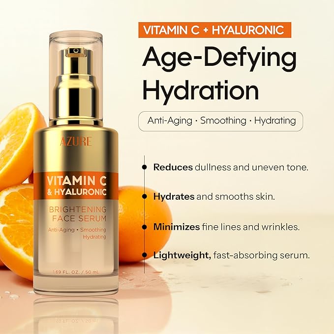 Azure Vitamin C Serum for Face with Hyaluronic Acid – Hydrating & Revitalizing Formula For Dry, Dull, Aging Skin – Dermatologist Tested, Anti-Aging, Korean Skin Care – Vegan Clean Beauty – 1.69 Fl Oz