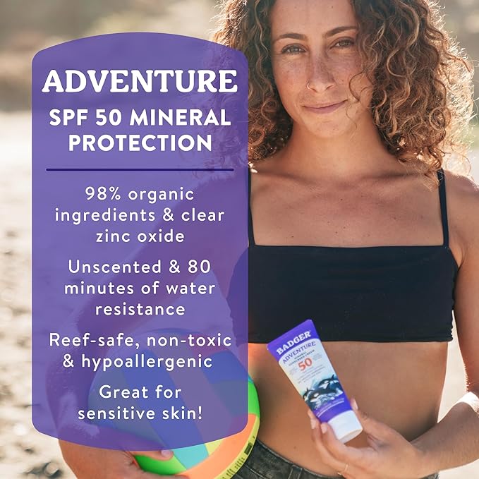 Badger Biodegradable Reef Safe Sunscreen, SPF 50 Unscented Zinc Oxide Sunscreen, 98% Organic Ingredients, Water Resistant Adventure Sport Sunblock, 2.9 fl oz, 3-Pack
