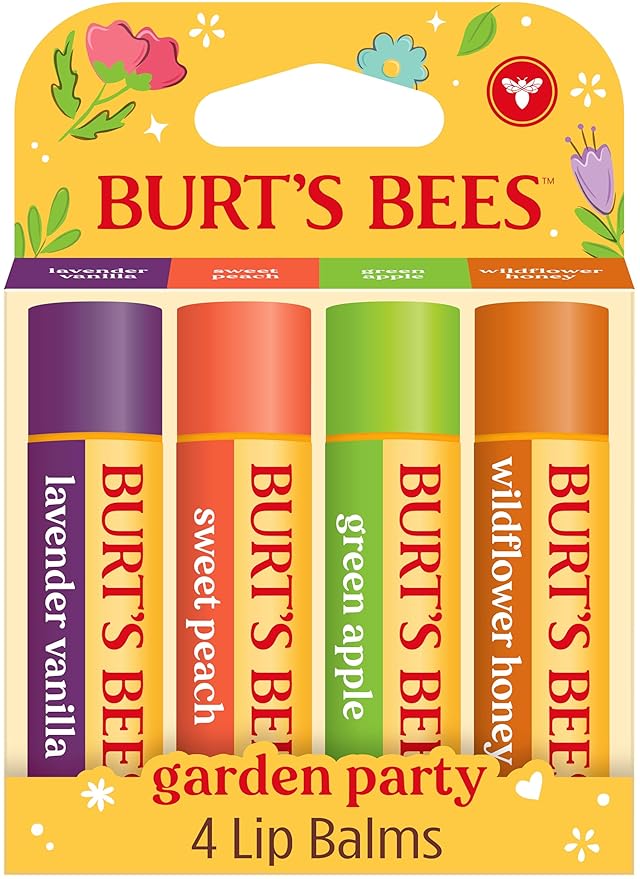 Burt's Bees Gifts Ideas - Garden Party Lip Balm Set, Lavender Vanilla, Sweet Peach, Green Apple, Wildflower Honey, With Responsibly Sourced Beeswax, Natural Origin Lip Treatment, 4 Tubes, 0.15 oz.