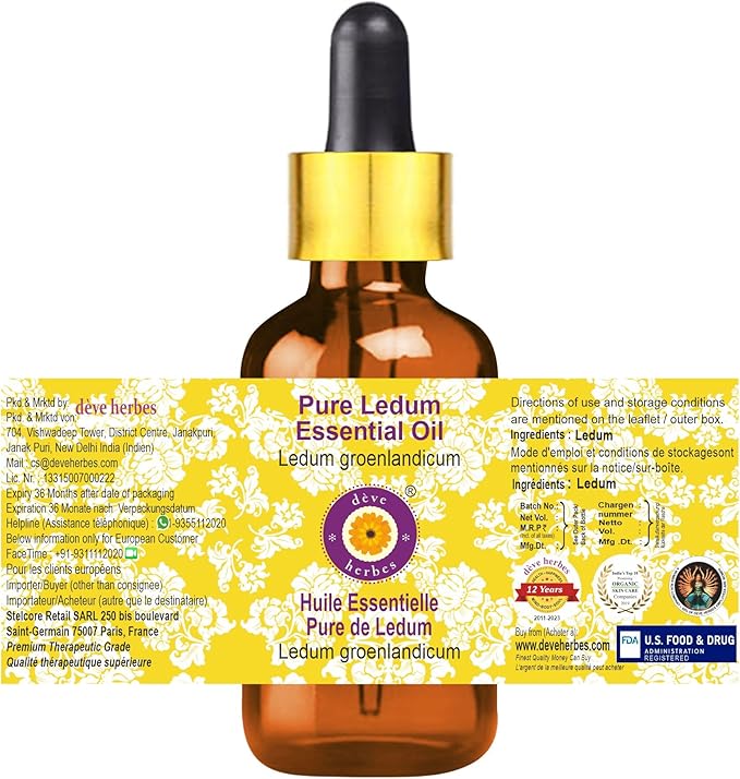 dève herbes Ledum Essential Oil (Ledum groenlandicum) with Glass Dropper | Pure | Non-Sticky | Non-Greasy | Lightweight | Men & Women | All Skin Types | Steam Distilled 10ml (0.33 oz)