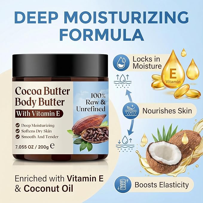 Grospe Cocoa Butter Body Butter for Women & Men 100% Raw & Unrefined Body Cream with Vitamin E Deep Moisturizing Body Lotion for Extremely Dry Skin Natural Daily Body Care Moisturizer - 7.05 Oz