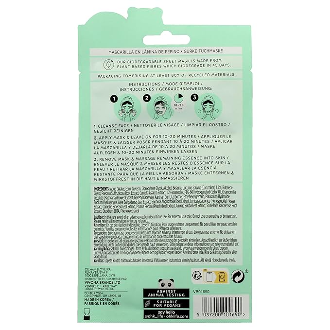 Oh K! Sheet Mask - Cucumber - Moisturizing Face Mask - Hydrating Face Sheets - Rich in Cucumber, Chamomile Extract - Korean Skincare - 1 Pc (Pack of 2)