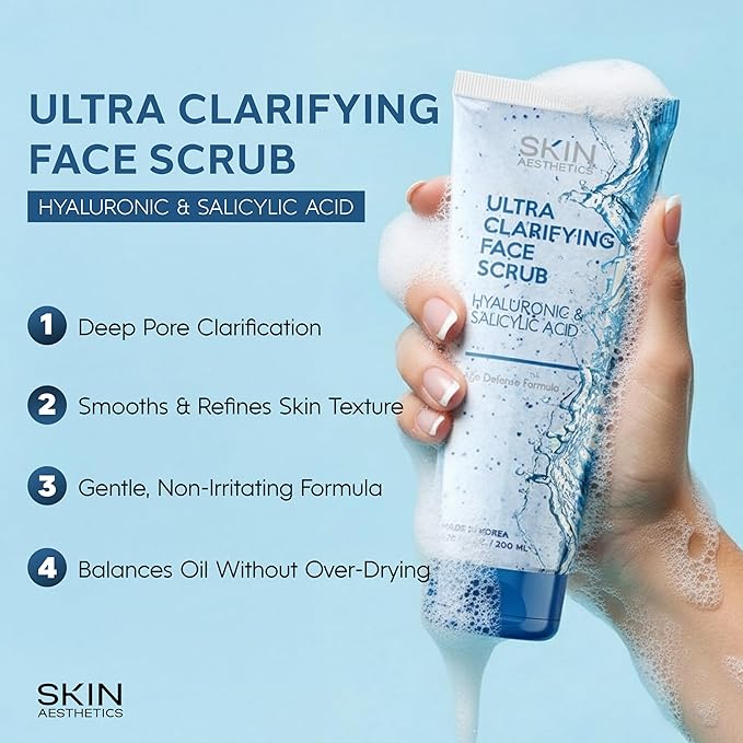 Skin Aesthetics Face Scrub with Hyaluronic & Salicylic Acid – Deep Cleansing, Hydrating & Exfoliating Face Wash For Blackheads & Acne-Prone Skin – Dermatologist Tested, Korean Skin Care – 6.76 Fl Oz