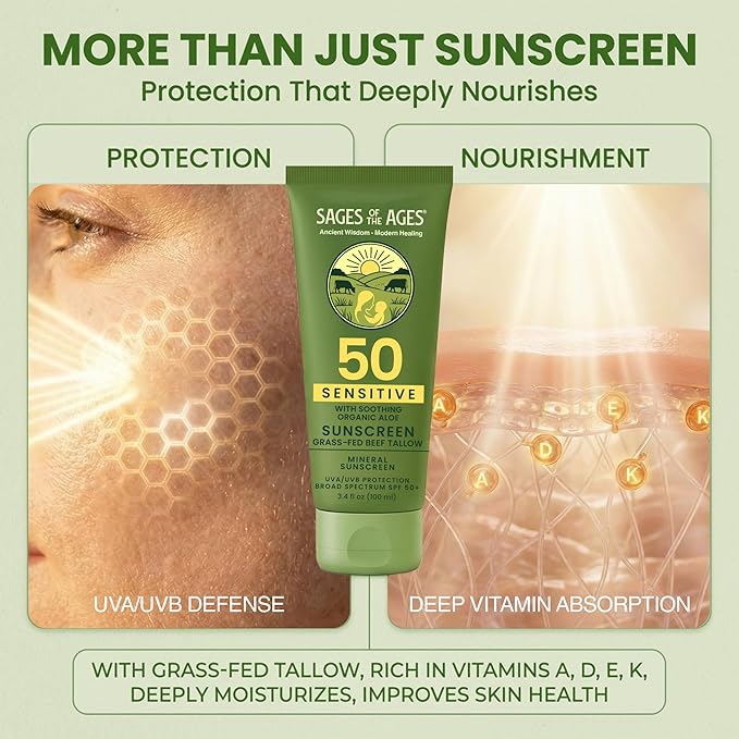Organic Tallow Mineral Sunscreen SPF 50 with Non-Nano Zinc Oxide — Reef Safe UVA/UVB Broad Spectrum Sunblock, Water Resistant 80 Min, Moisturizing Lotion for Face & Body, 3.4 fl oz