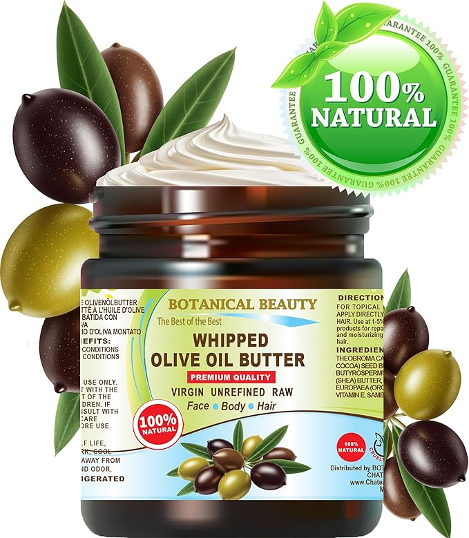 Botanical Beauty Whipped OLIVE OIL BUTTER 100% Natural Pure Organic Cocoa Butter, Shea Nut Butter, Organic Olive Oil Virgin Unrefined for FACE, SKIN, BODY, HAIR, NAILS. (8 Fl Oz)