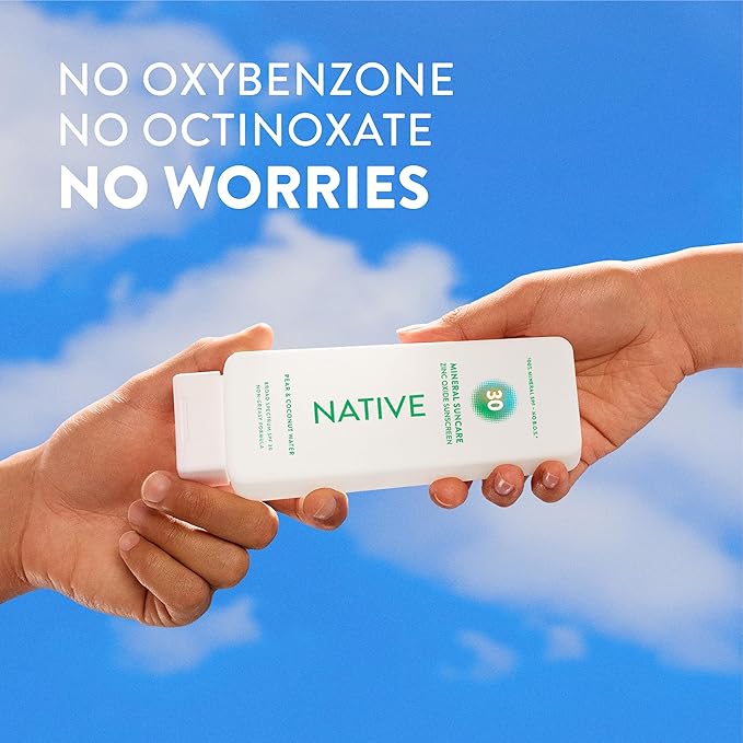 Native Mineral Sunscreen Lotion SPF 30, Pear & Coconut Water Scent, with 100% Mineral Zinc Oxide for Face & Body, Hawaii Compliant, Vegan, No White Cast - 7 oz