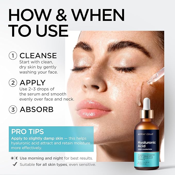 Hyaluronic Acid Serum for Face (1 Oz) for Skin and Lips - Hydrating & Moisturizing Serum for All Skin Types, Paraben-Free & Fragrance-Free