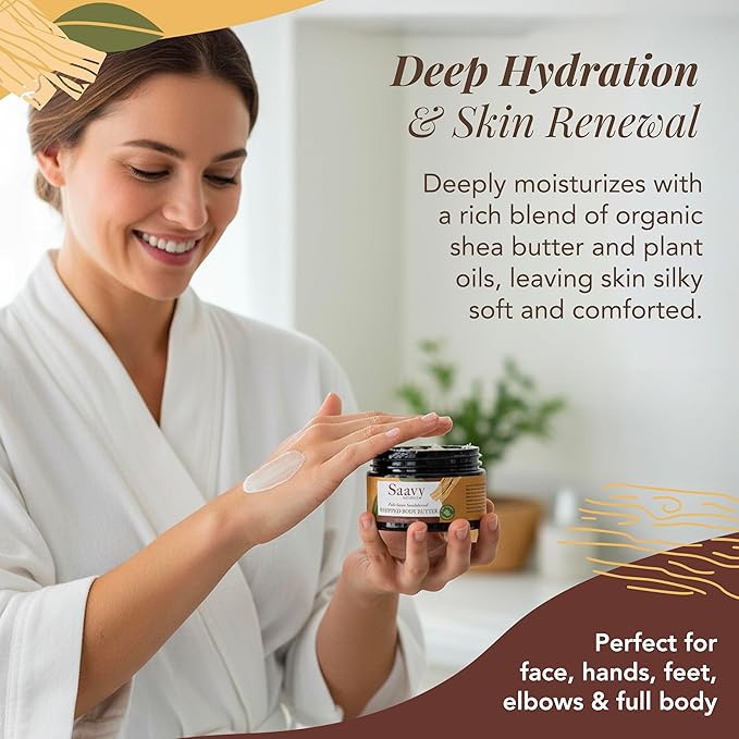 Saavy Naturals Whipped Body Butter - Made with Organic Shea Butter, Essential Body Care & Dry Skin Moisturizer for Women, Velvety Rich Cream Texture, Naturally Scented - Palo Santo Sandalwood, 4 oz
