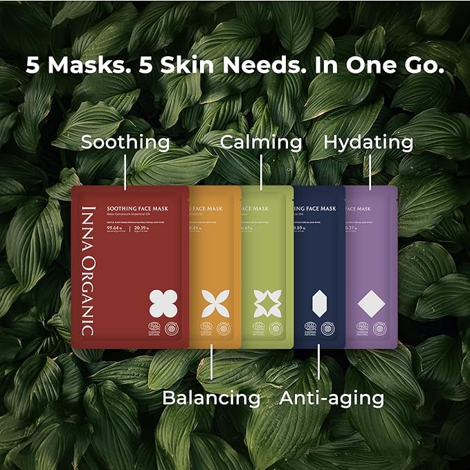 INNA ORGANIC Face Mask Set, Non Toxic Sheet Mask for Sensitive Skin, Anti-Aging & Hydrating, EWG & COSMOS Certified (Pack of 5) | First Pick Discovery Set | Essential oils infused