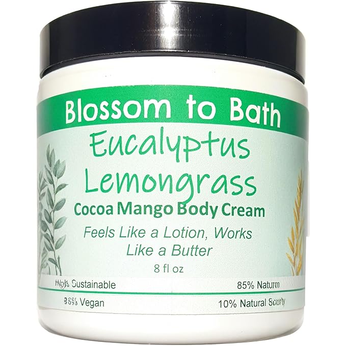 Blossom to Bath Eucalyptus Lemongrass Cocoa Mango Body Cream (8 Ounce) - Pure Essential Oil Fragrance - Feels Like A Lotion And Works Like A Butter with a Herbally Clean Natural Scent