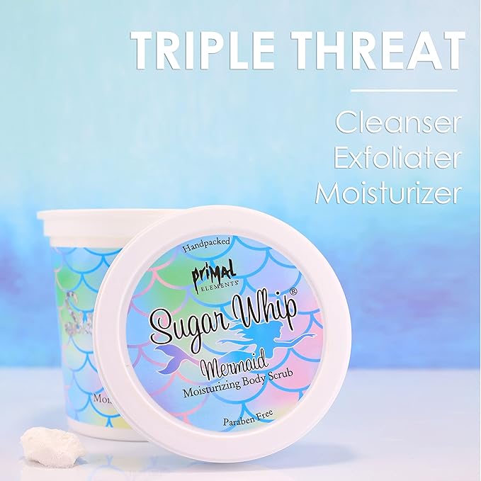 Primal Elements Sugar Scrub, Exfoliating Sugar Whip, Face and Body Cleanser, Moisturizer, Mermaid, 10 oz Package