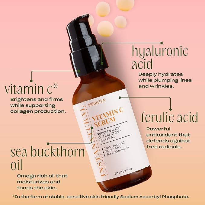InstaNatural Vitamin C Face Serum with Hyaluronic Acid & Ferulic Acid | Brightening & Hydrating Formula for Radiant, Smooth-Looking Skin - 2 FL Oz