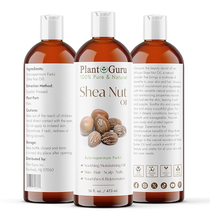 Plant Guru African Shea Nut Butter Oil 16 fl. oz. 100% Pure Natural Skin, Face, Hair Growth And Moisturizer. DIY Body Butters, Lotions, Creams, Lip Balm And Soap Making.