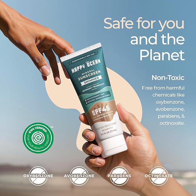 Happy Ocean Shimmer Sunscreen SPF 45, Mineral Body Glow with Glitter – Reef Safe Zinc Oxide, Radiant Finish, Face & Body