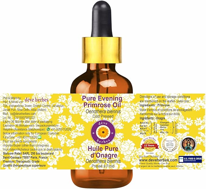 dève herbes Evening Primrose Oil (Oenothera biennis) with Glass Dropper | Cold Pressed | Pure | For Diluting Essential oils | Skin & Massage | Non-Sticky | Lightweight | Unisex | 5ml (0.16 oz)