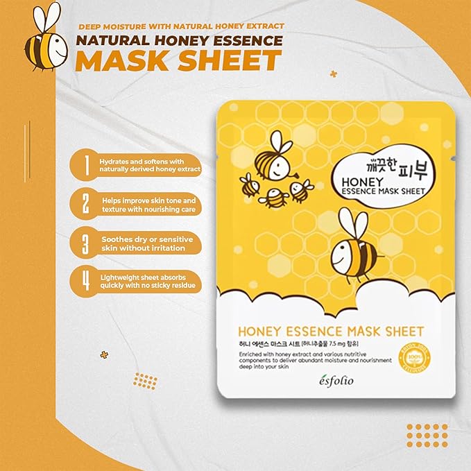 esfolio Honey Essence Face Mask – Hydrating & Nourishing Sheet Mask for Dry, Dull, Sensitive Skin – Moisturizing Face Treatment with Natural Honey Extract (Pack of 10)