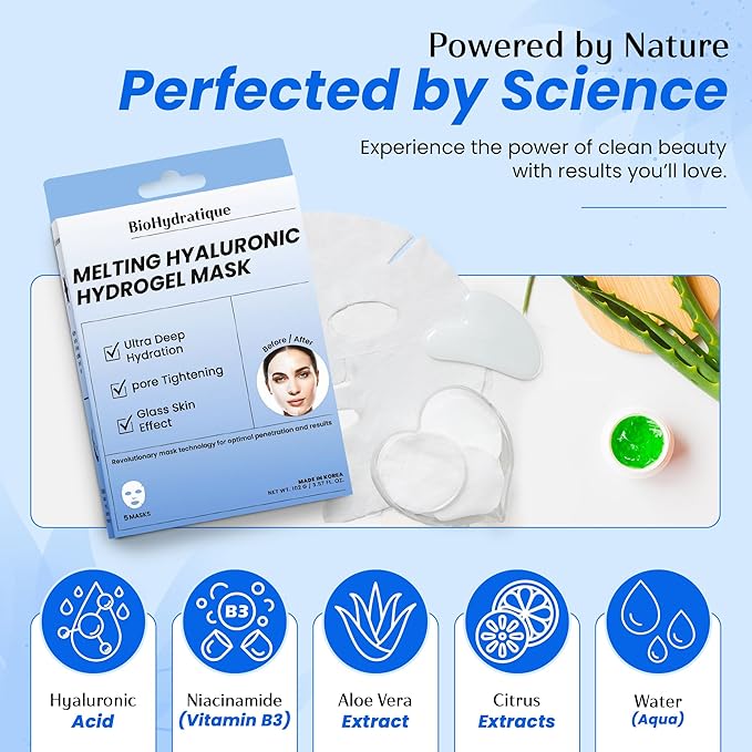Melting Hydrogel Face Mask with Hyaluronic Acid – Deep Hydration & Pore Tightening, Glass Skin Look – Dermatologist Tested, Anti Aging Korean Skin Care, Vegan, Clean Beauty – Pack of 10