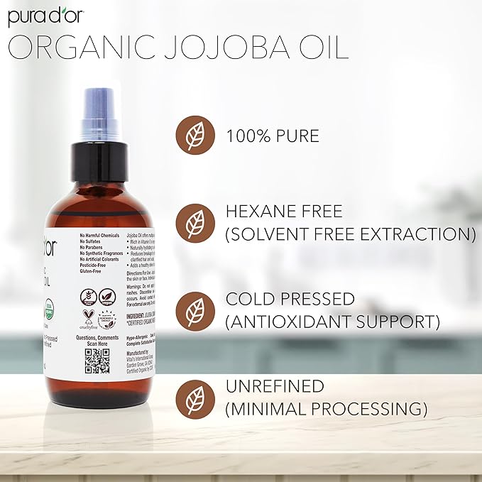 PURA D'OR 4 Oz Organic Jojoba Oil - USDA Certified - 100% Pure & Natural Moisturizer - Cold Pressed, Unrefined, Hexane Free Base Carrier Oil For DIY Skin Care, Hair, Body, Hair Relaxer, Face & Nails