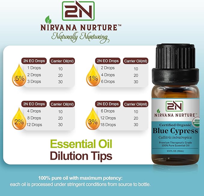 Blue Cypress Essential Oil, USDA Certified Organic, 100% Pure Undiluted, Aromatherapy Oil for Diffuser, Hair & Skin Care