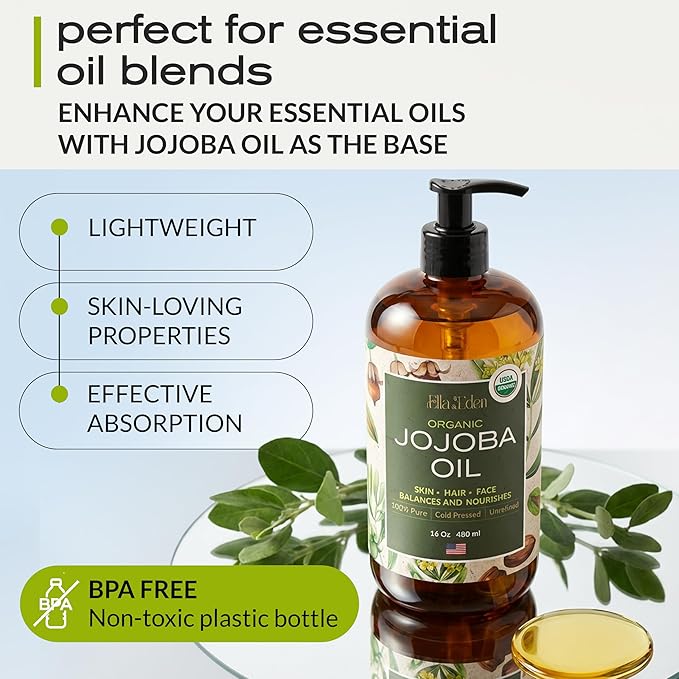 Ella & Eden 16 Oz Organic Jojoba Oil For Hair – USDA Certified – 100% Pure Cold-Pressed & Unrefined Moisturizer for Hair, Skin, Face & Nails, Hexane-Free Carrier Oil - Food Grade Plastic Bottle