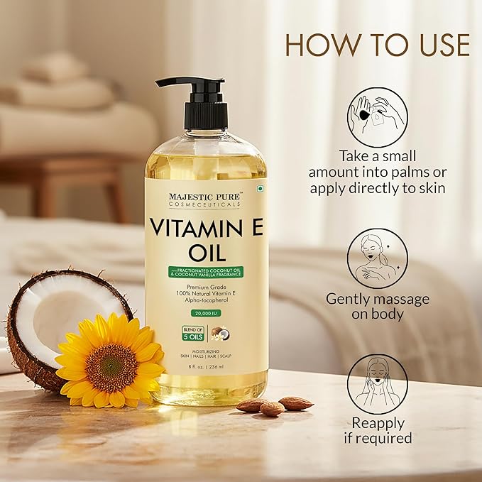 Majestic Pure Coconut & Vanilla Formula Vitamin E Body Oil 8 Fl Oz - 100% Pure and Natural- Cold Pressed & Hexane Free Natural Hair Growth Oil for Eyelashes, Eyebrows, Skin, Body, Face, Nails & Scalp