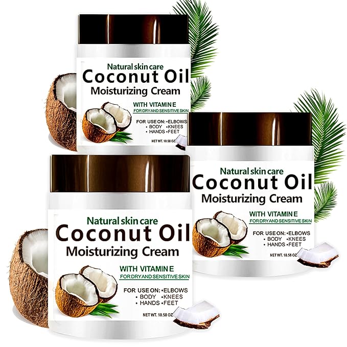 3 Packs x 300 ml Coconut Oil Moisturizing Cream 3-Pack, Lightweight Lotion for Face Body Hands, Fast-Absorbing Non-Greasy Daily Care