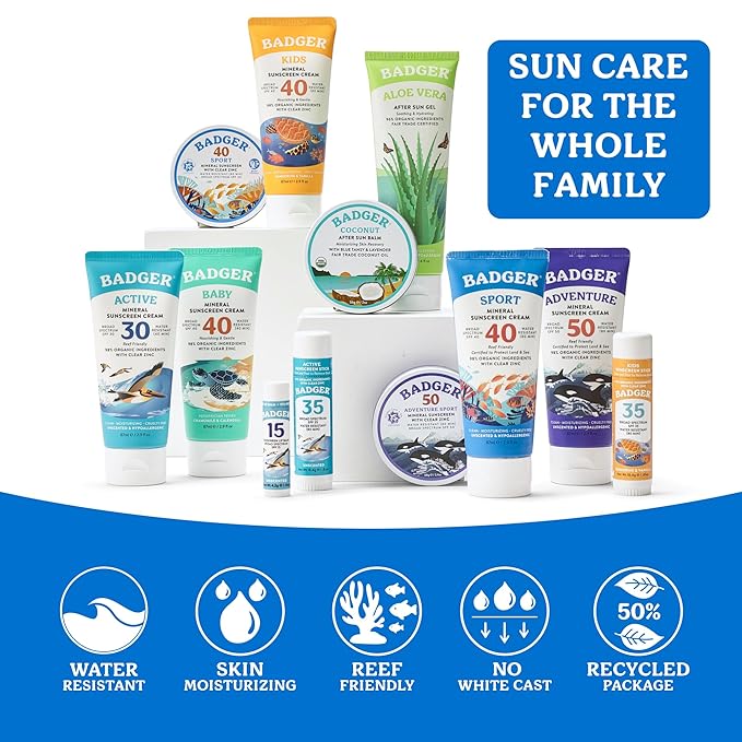 Badger Sport Mineral Sunscreen, Reef Safe, SPF 40, 98% Organic with Zinc Oxide, Water Resistant, Hawaii Reef Act 104 Compliant, Unscented & Hypoallergenic, For Sports & Adventures, 2.9 fl oz, 2-Pack