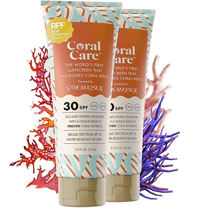 Stream2Sea Coral Care - Reef Safe Sunscreen SPF 30 Travel Size - First Reef-Approved Natural Mineral Sun block Boosts Coral Growth, Water resistant, Biodegradable, Eco-Friendly - 2 Pack