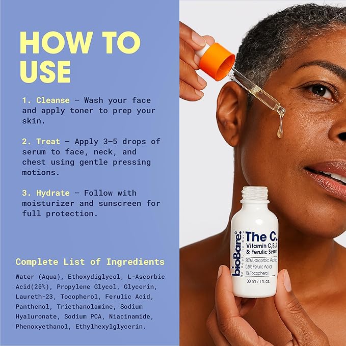 bioBare® Vitamin C, B, E & Ferulic Serum | 20% Pure Vitamin C Facial Serum with Hyaluronic Acid, Niacinamide & Ferulic Acid | L-Ascorbic Acid Serum for Dark Spots, Fine Lines, Wrinkles, Uneven Skin