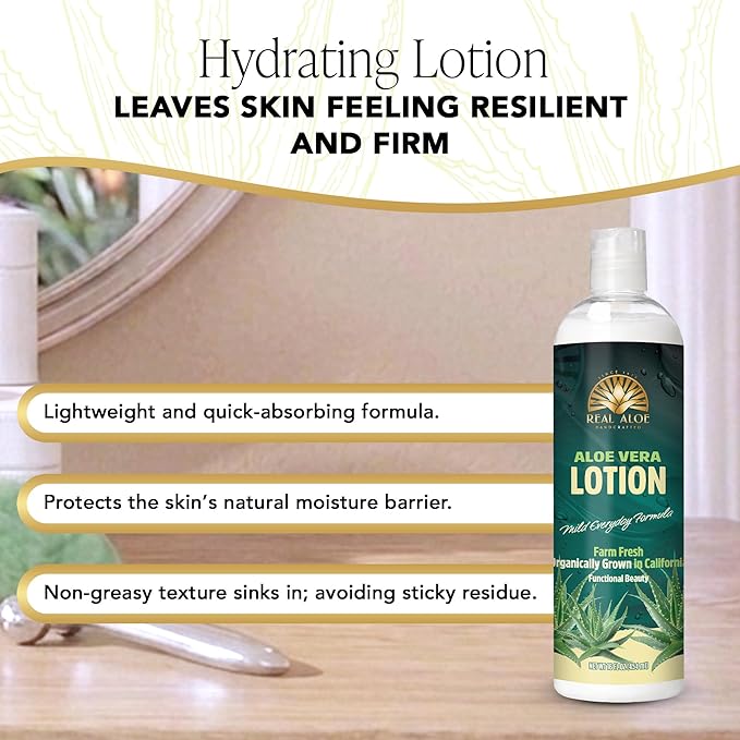 Real Aloe Aloe Vera Lotion (16 fl oz) | Organic Aloe for Face, Body & Hands | Lightweight, Fast-Absorbing Moisturizer | Non-Greasy Hydration for Dry & Sensitive Skin | Made in USA