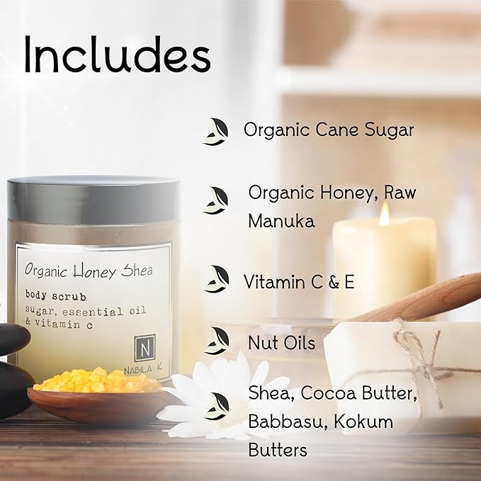 Organic Honey Shea Body Scrub Made in USA with Essential Oil and Vitamin C by Nabila K - Exfoliate and Moisturize for Smooth Skin - Luxury for Women & Men, 10 oz