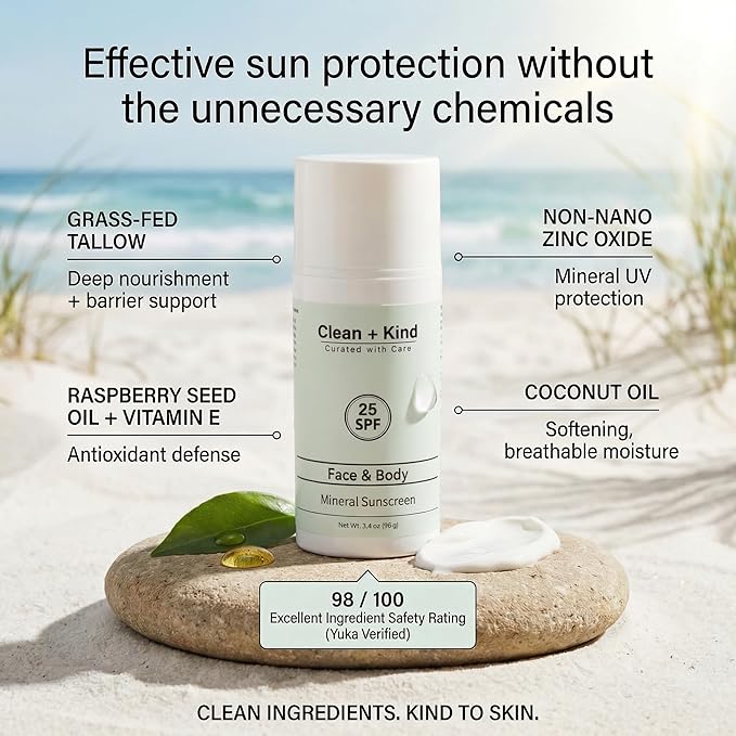 Tallow Sunscreen SPF 25 with Non-Nano Zinc Oxide – Natural Mineral, Reef-Safe & Non-Toxic Sunblock for Face & Body – Non-Greasy, Moisturizing Protection for Sensitive Skin (3.4 oz)
