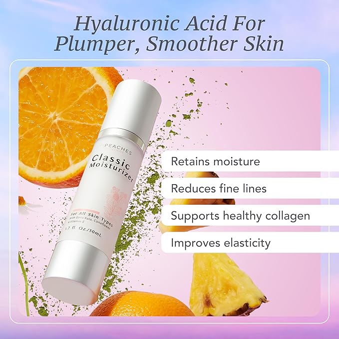 Peaches Skincare Hydrating Vegan Moisturizer with Vitamin E, Gotu Kola, and Pineapple – Age-Defying Daily Face Cream for Dry Skin and All Skin Types – Classic Moisturizer 1.7 oz