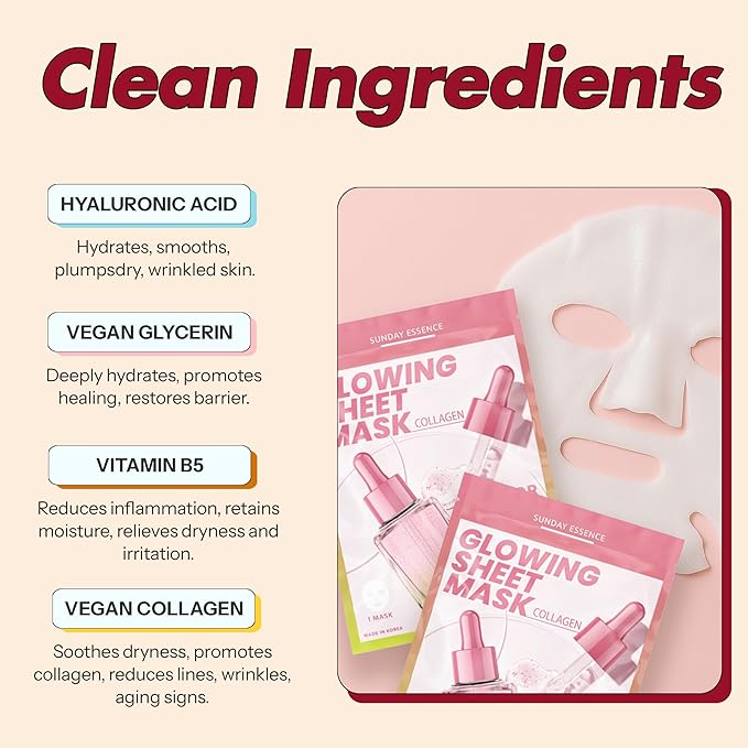 Collagen Face Mask For Glass Skin – Hydrating & Firming Sheet Mask For Dry & Tired Skin – Dermatologist Tested, Anti-Aging, Korean Skin Care– 95% Natural, Vegan, Clean Beauty – 5 Sheets