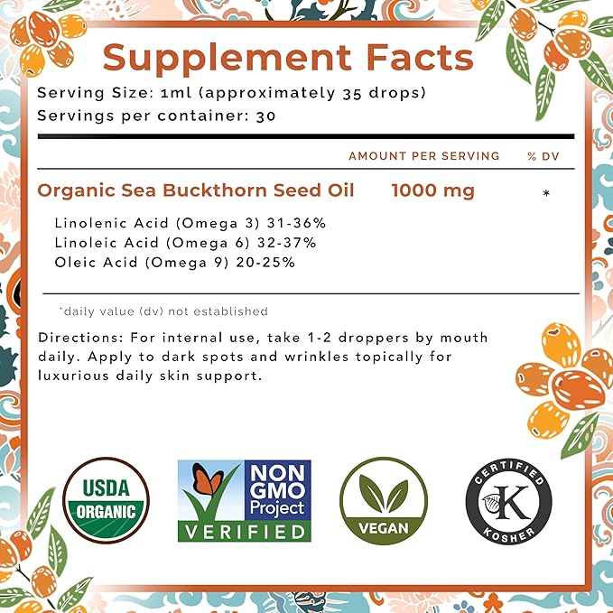 SEABUCKWONDERS Organic Sea Buckthorn Seed Oil, 1 Fl Oz, 30 Servings, with Omega 3, 6 & 9, Can Be Used Topically & Orally, Supports Hair, Skin & Nail Health