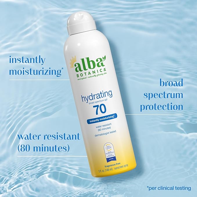 Alba Botanica Sunscreen Spray for Face and Body, Broad Spectrum SPF 70 Sunscreen, Hawaiian Coconut, Water Resistant and Biodegradable, 5 fl. oz. Bottle