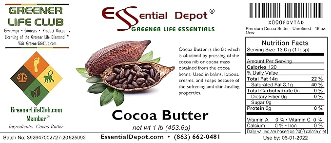 Cocoa Butter - Kosher - Raw - Unrefined - Natural Cocoa Scent - 1 lb - Used in Creams, Lotions, Balms, Body Butters and many other skin care products - safety sealed HDPE container with resealable cap