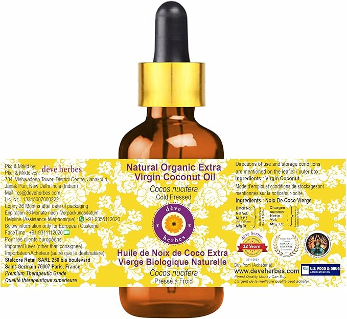 Deve Herbes Natural Organic Extra Virgin Coconut Oil (Cocos nucifera) with Glass Dropper | Cold Pressed | Pure | for Diluting Essential Oils | Hair & Skin | Lightweight| Unisex | 50ml (1.69 oz)