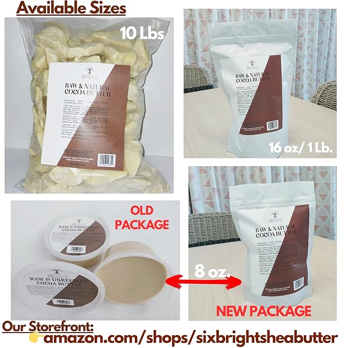 Sixbright Unrefined Cocoa Butter –8 oz | 100% Pure, Food Grade- Natural Moisturizer for Dry Skin, Fades Stretch Marks & Scars ,For Skin, Hair, DIYs. Chocolate Aroma