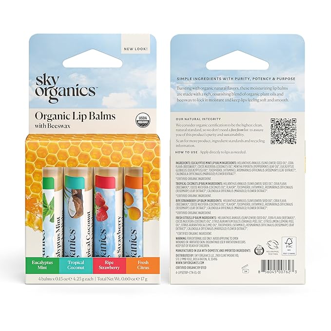 Sky Organics Organic Lip Balms With Beeswax for Lips, USDA Certified Organic, Four Assorted Flavors to Moisturize, Soothe & Soften, 4pk.