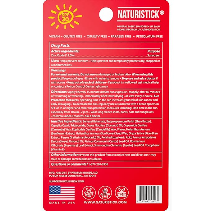 Naturistick UV Pro® Mineral SPF 30 Lip Balm – Cherry (5-Pack), Broad Spectrum Sun Protection