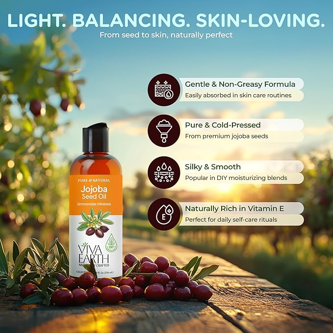 Jojoba Oil – 100% Pure and Natural Cold Pressed Jojoba Oil for Hair Growth, Skin, Beard, Body, Cuticles, and DIY Carrier Blends – Lightweight, Fast-Absorbing Cosmetic Oil, 8 oz
