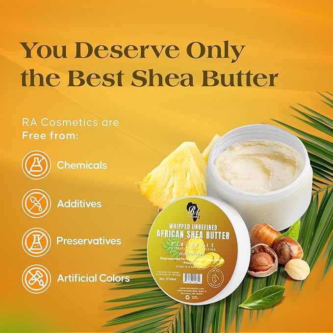 RA COSMETICS Whipped Shea Butter Pineapple - 6oz | 100% Pure & Natural African Shea Butter for Men & Women - Ultimate Handcrafted Moisturizer with Essential Vitamins for Radiant Skin (Pack of 2)