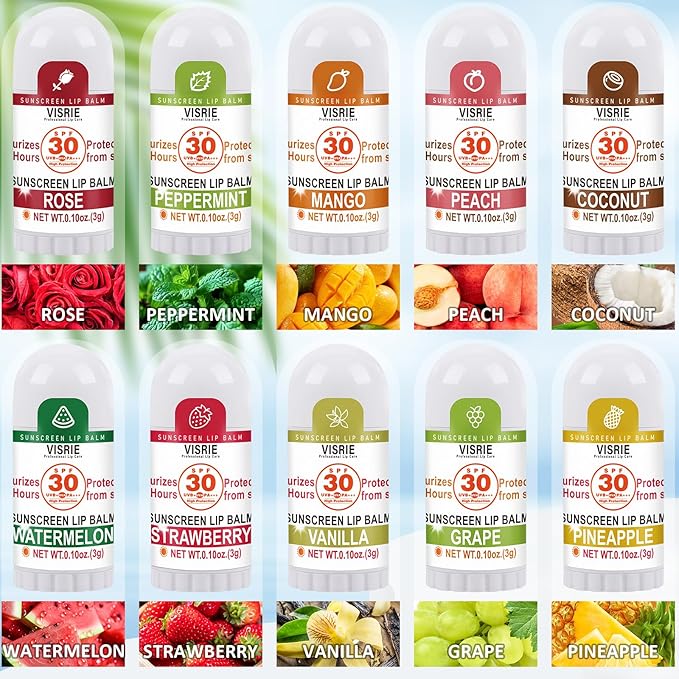 VISRIE SPF 30 Sunscreen Lip Balm, SPF Lip Balm Bulk 60 Count, Broad Spectrum UVA/UVB Lip Sunscreen Moisturize with Vitamin E and Coconut Oil- 10 Flavors